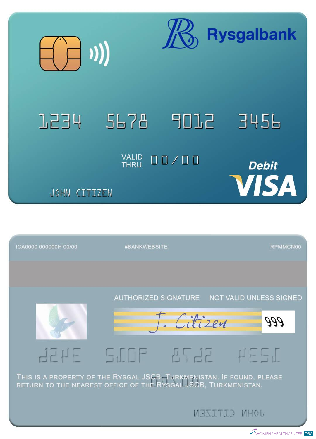 Download Turkmenistan Rysgal JSCB visa debit card Photoshop template